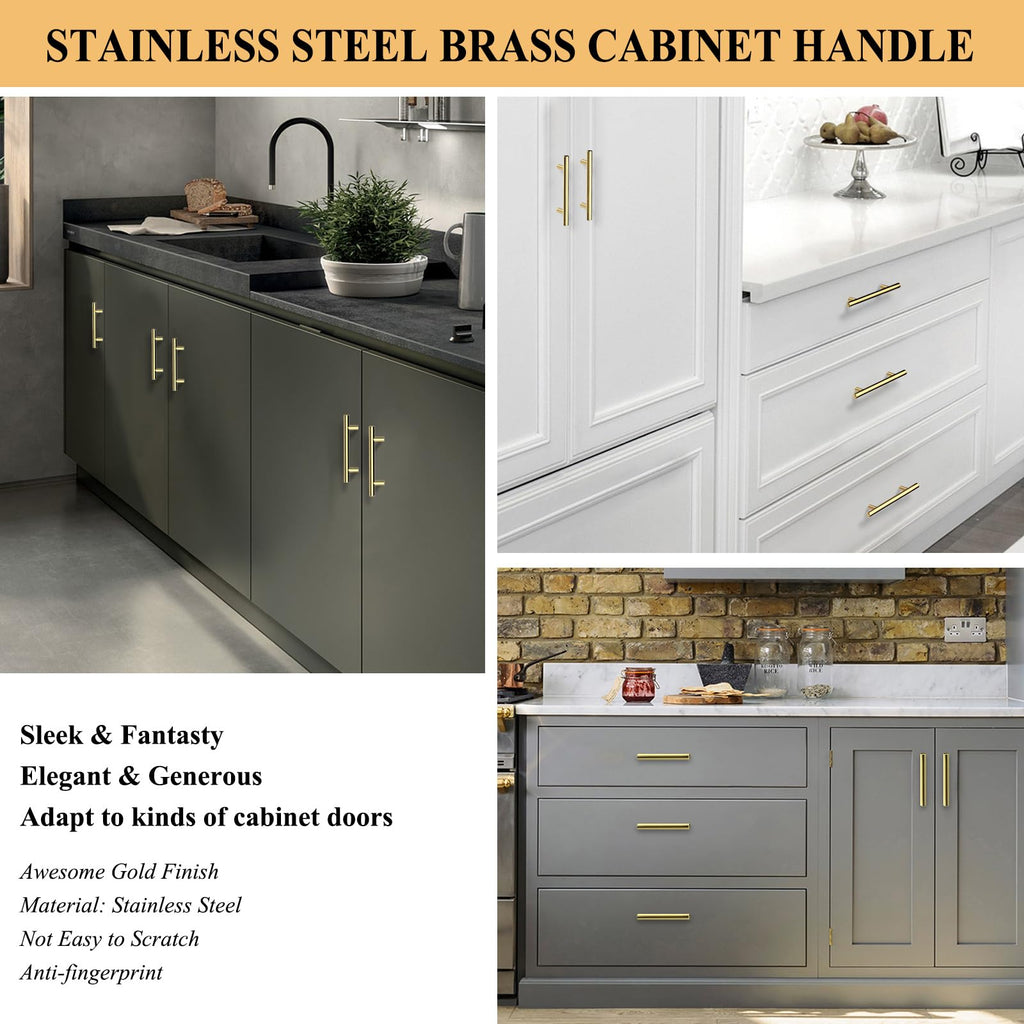 30Pack 3''Hole Centers Gold Cabinet Handles-Brushed Brass Cabinet Pulls Gold Dresser Drawer Pulls-Stainless Steel