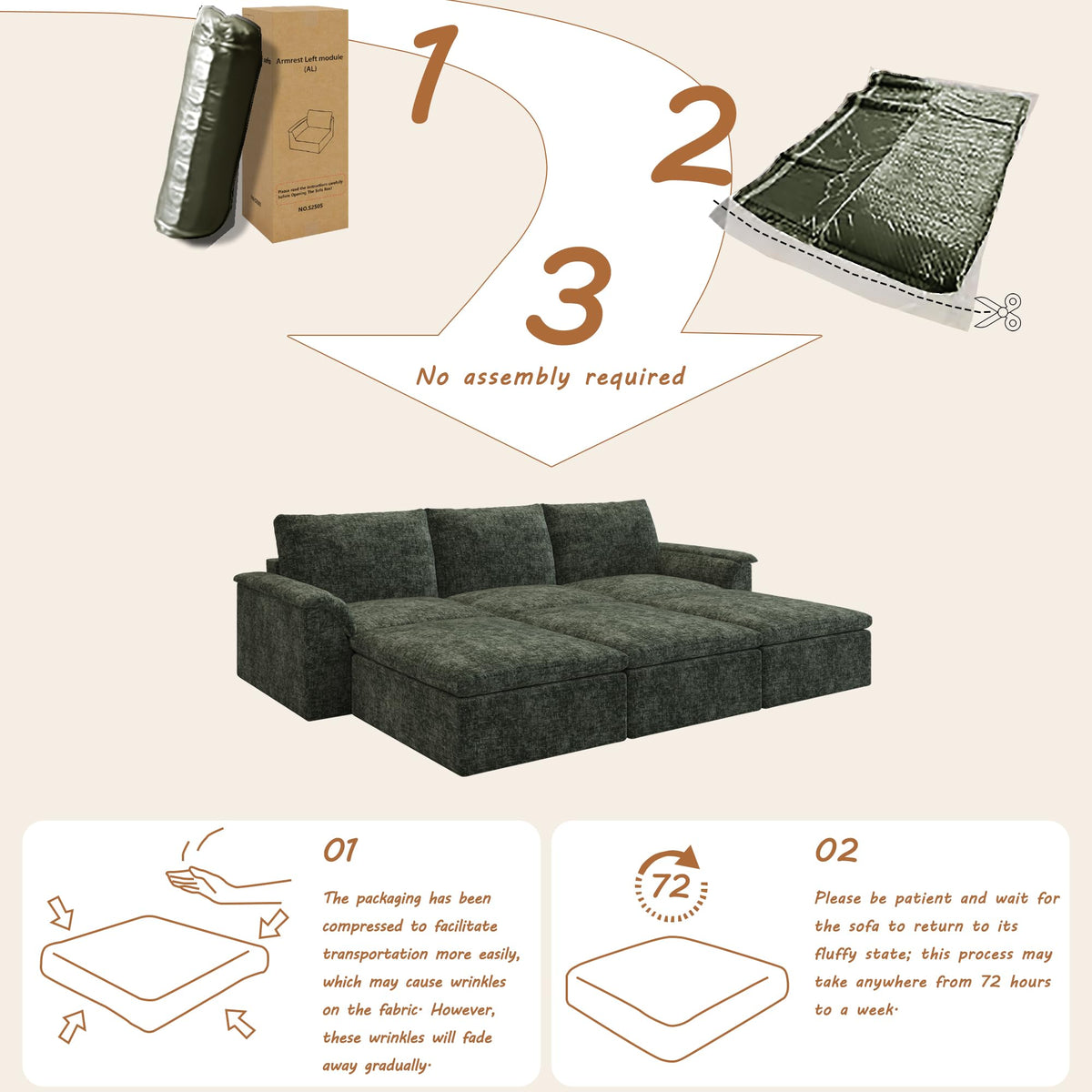 Boneless Sectional Couch, Cloud Sofa Bed, Green