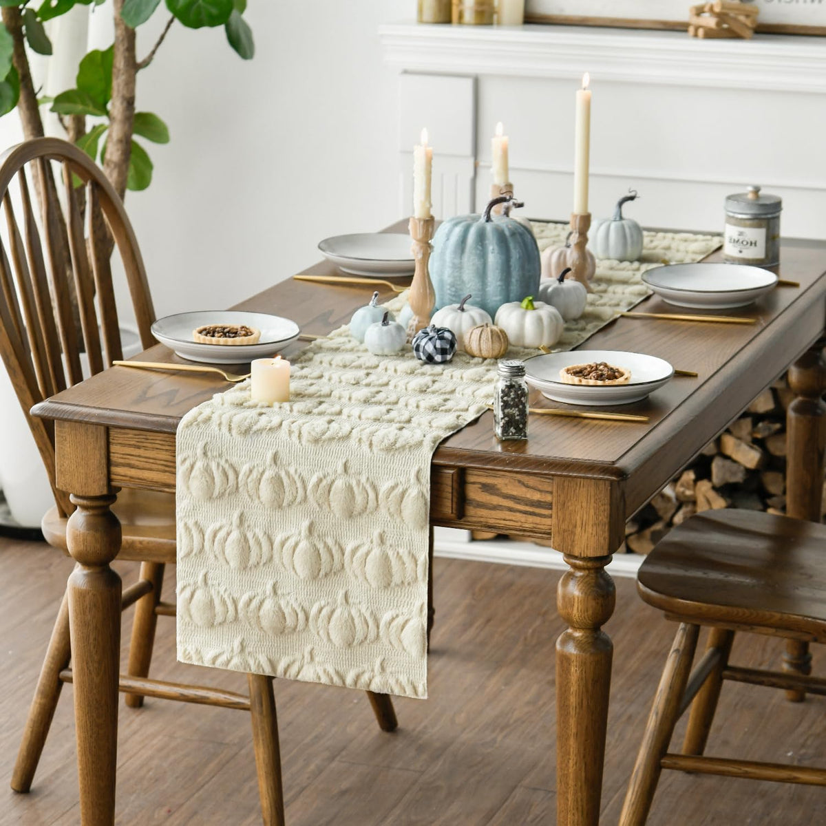 Beige Soft Faux Fur Pumpkins Fall Table Runner 13x108 Inch