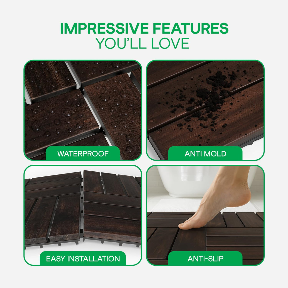 Interlocking Deck Tiles 9.6 SQFT - 10PCS Waterproof Acacia Wood Patio Tiles, Flooring Tiles for Indoor and Outdoor