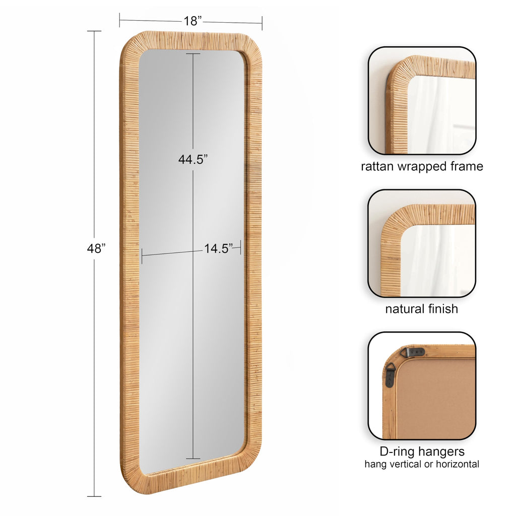 Rahfy Boho Rectangle Rattan Wall Mirror; 18 x 48; Natural Wood; Decorative Rounded Rectangular Full-Length Mirror