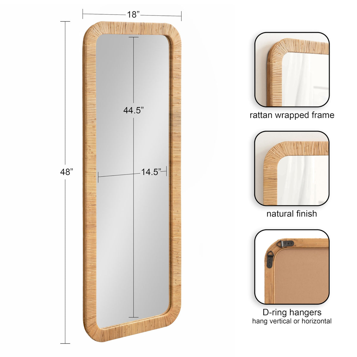Rahfy Boho Rectangle Rattan Wall Mirror; 18 x 48; Natural Wood; Decorative Rounded Rectangular Full-Length Mirror