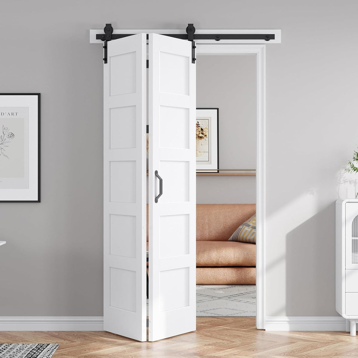 48X84(Double 24x84) Bi-fold Barn Door Folding Doors White with 52" Hardware Kit,Interior Water-Proof PVC Surface for Closet,Assembly Required
