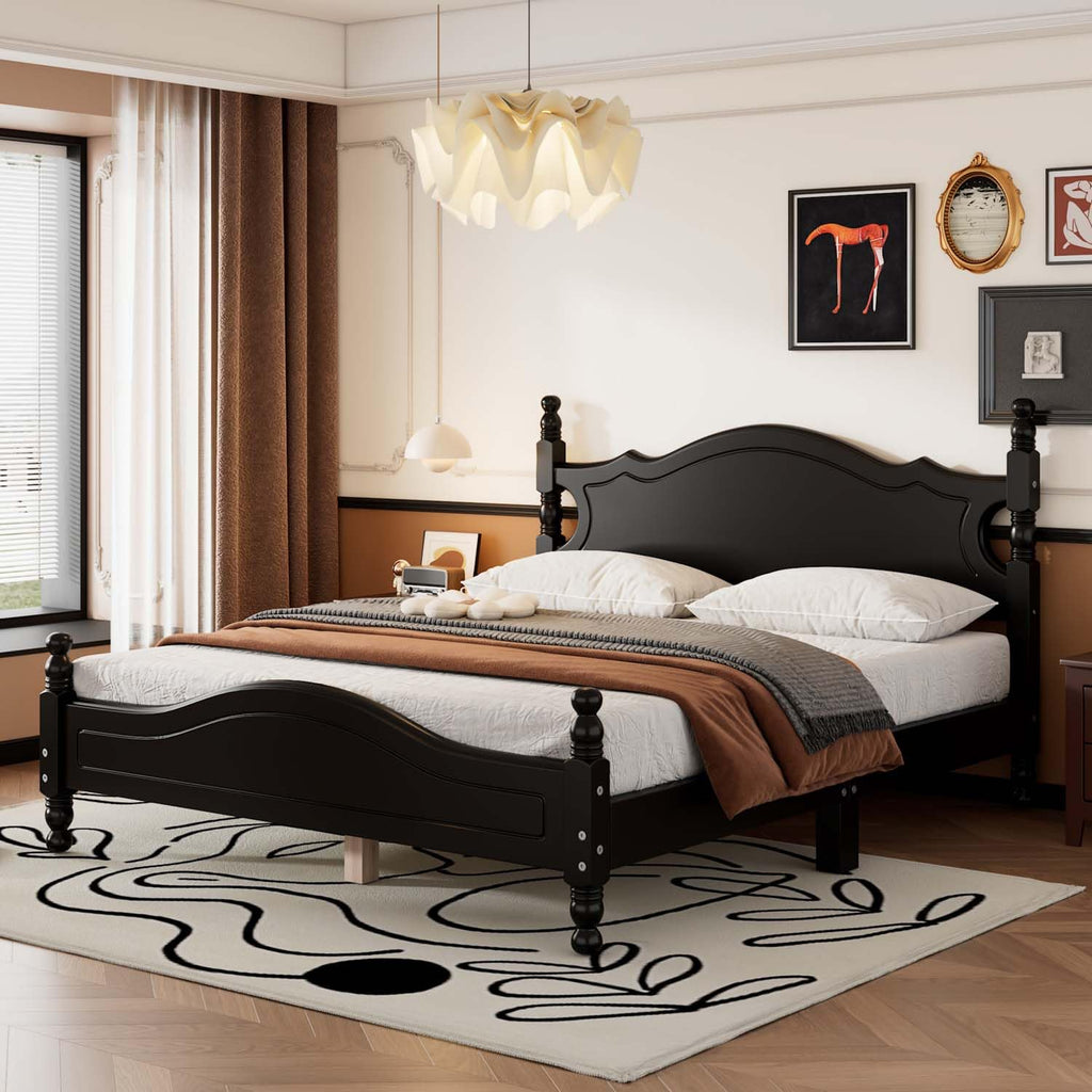 Vintage Wooden Platform Bed Frame with Spindle Headboard (Black)