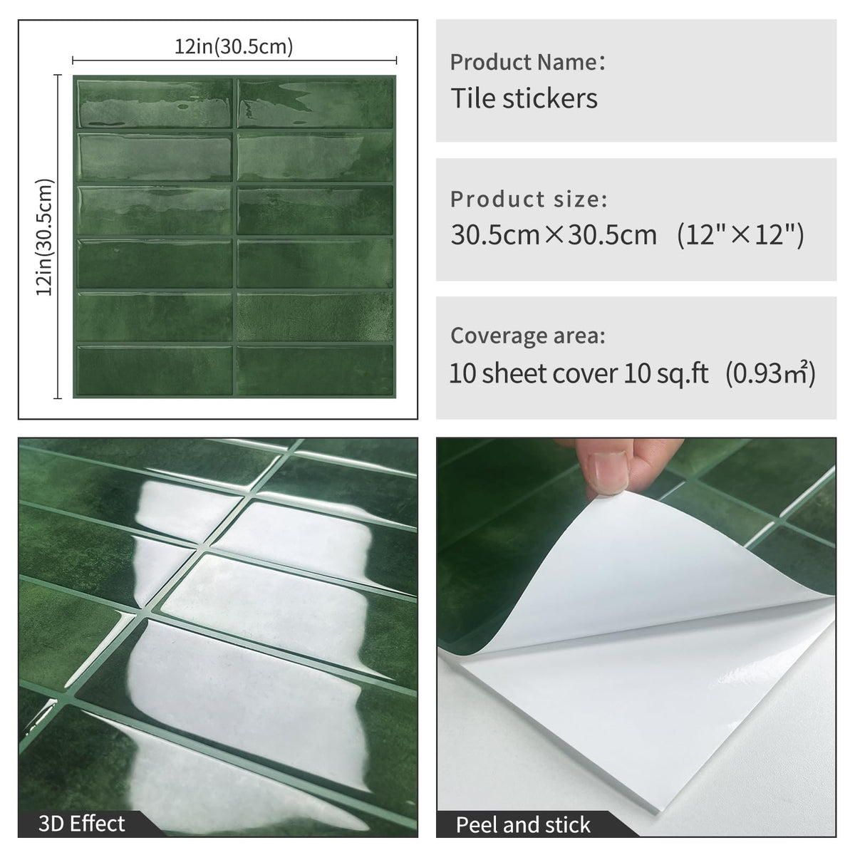 Green Peel and Stick Backsplash Tiles Wall 10-Sheet
