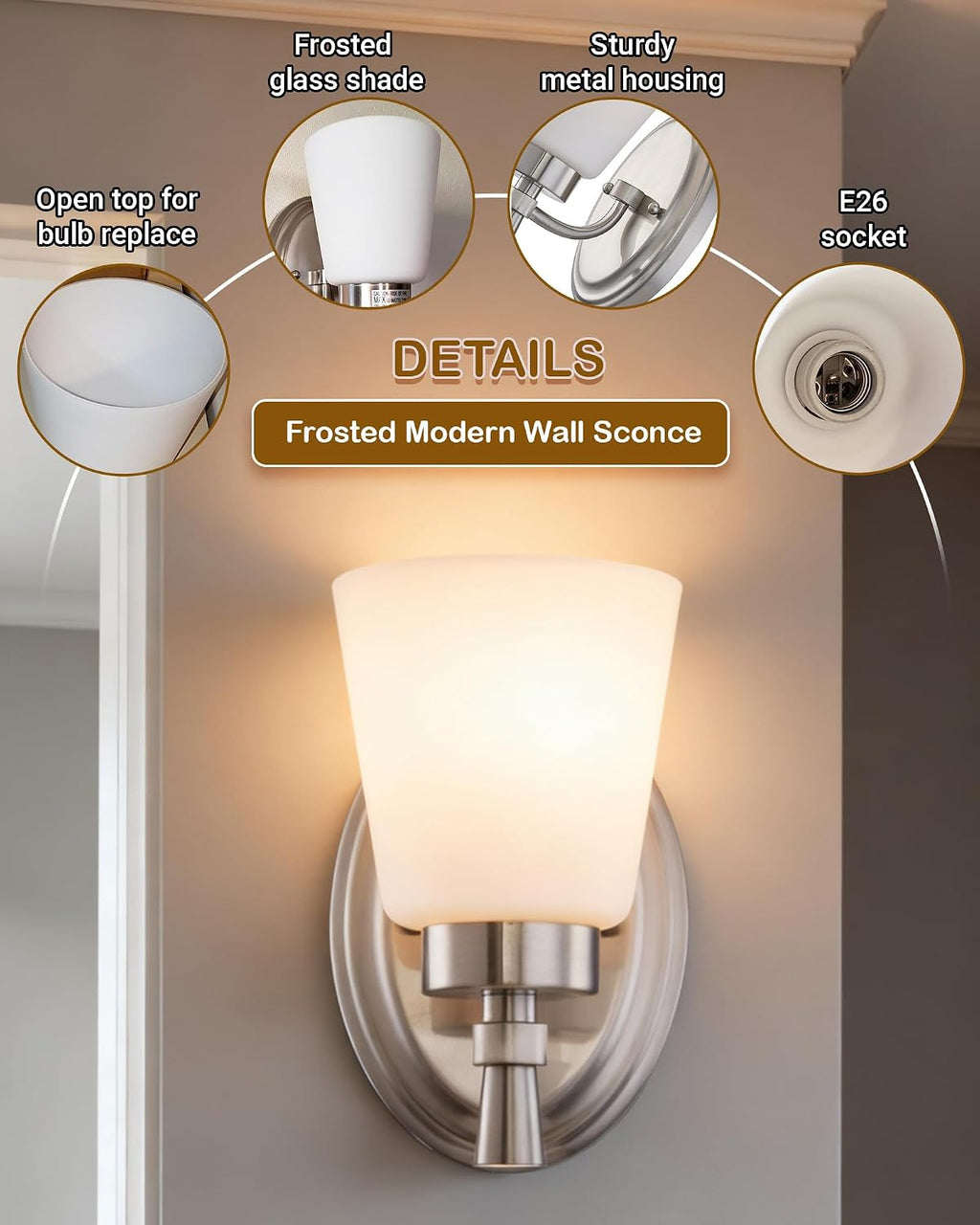 Indoor Wall Sconce, Vanity Light, Rustproof, Brushed Nickel | Wall Light Fixture Over Mirror , Modern Home Decor
