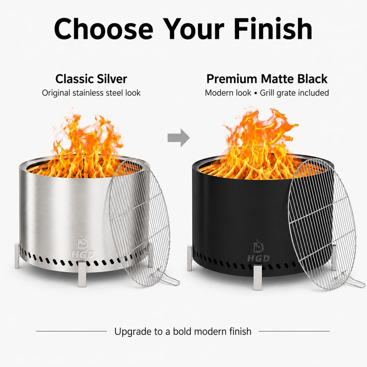 28 Inch Smokeless Firepit with Stand & Grill Rack, Large Stainless Steel Fire Pit, Wood Burning Firepit Garden Picnic