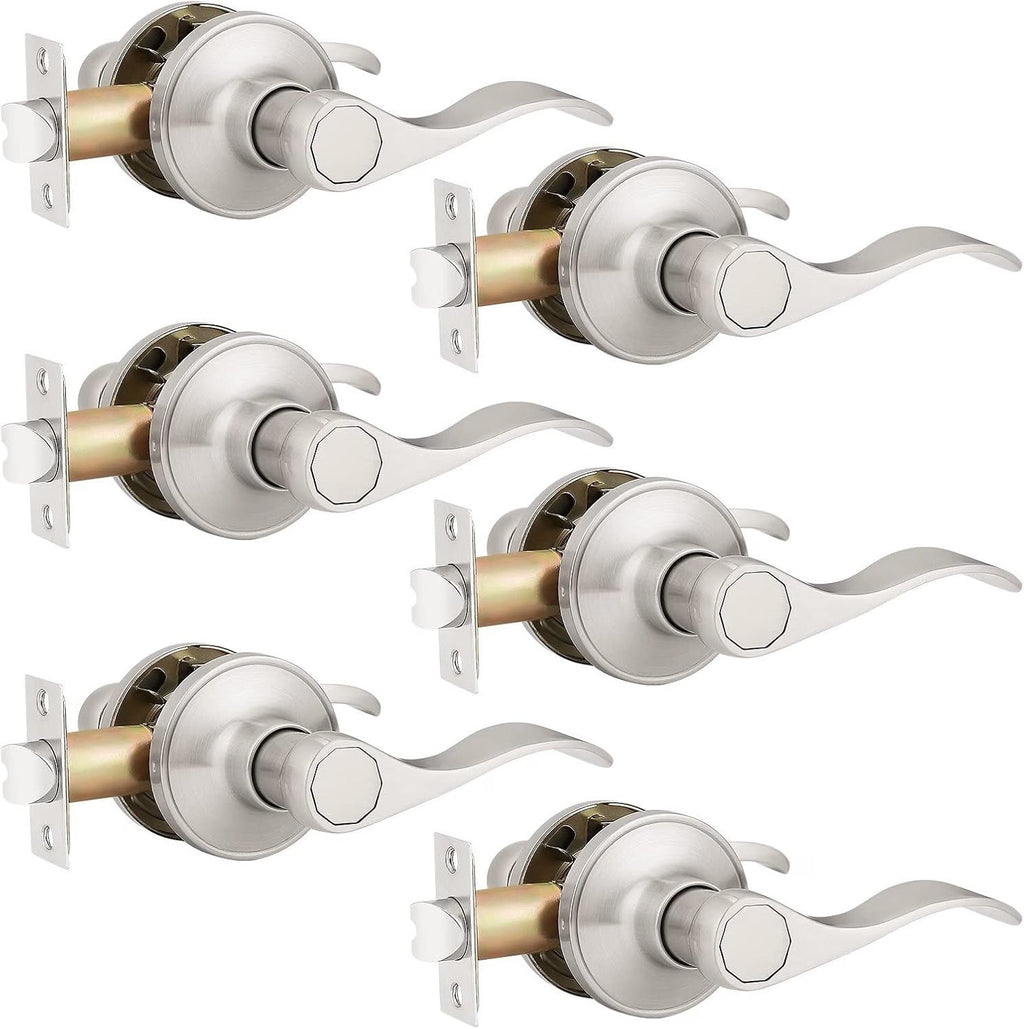 6 Pack Hall and Closet Wave Door Levers in Satin Nickel, Interior Passage Brushed Nickel Heavy Duty Door Knobs
