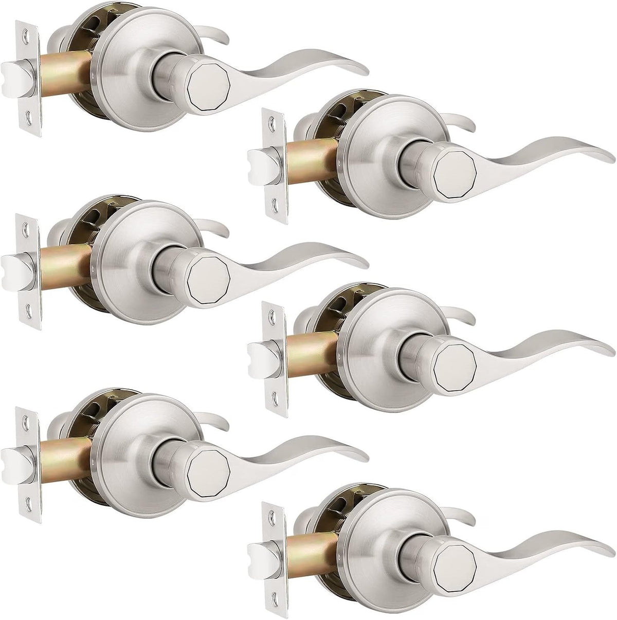 6 Pack Hall and Closet Wave Door Levers in Satin Nickel, Interior Passage Brushed Nickel Heavy Duty Door Knobs