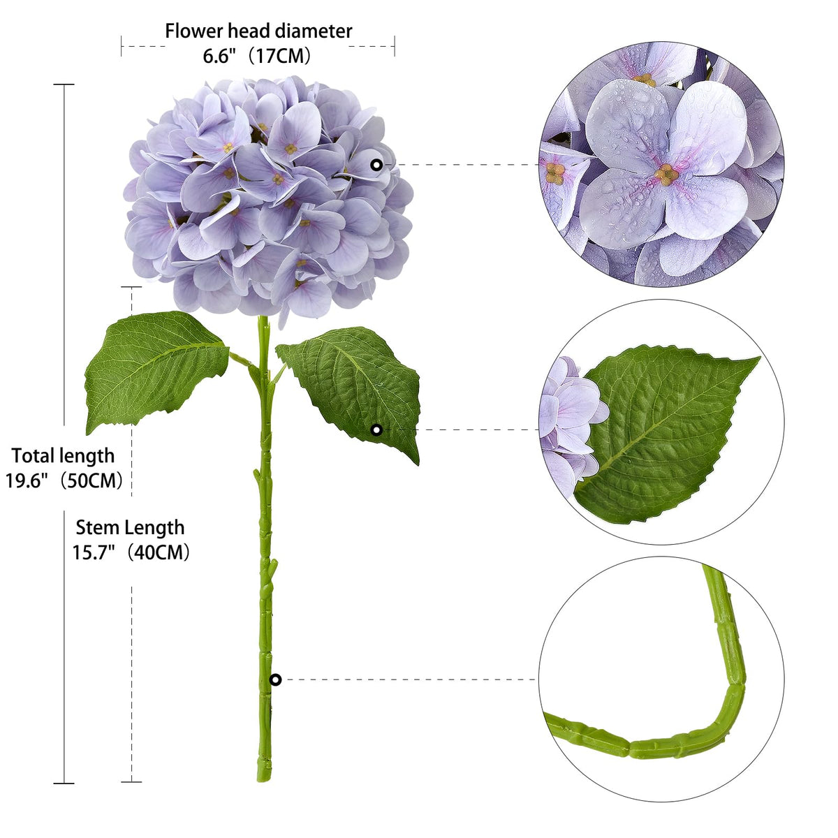 Pale Purple Hydrangea Artificial, 19.6" 4PCS Fake Real Touch Large Faux Hydrangea Silk Bouquet with Green Stems