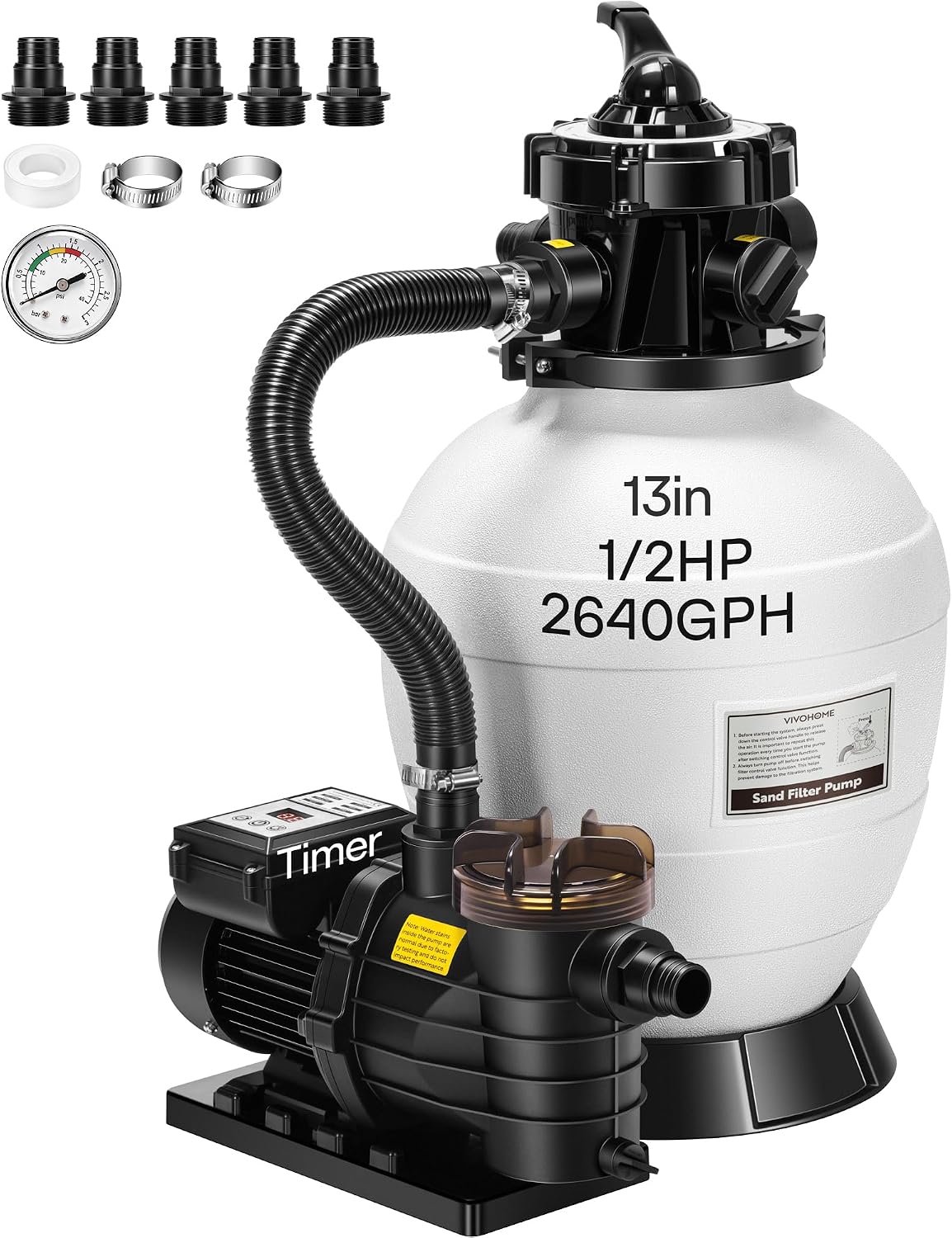 Sand Filter Pump with 1/2 HP Motor, 2640 GPH w/Timer for in/Above Ground Pools up to 14,000 Gallons, 7-Way Valve with