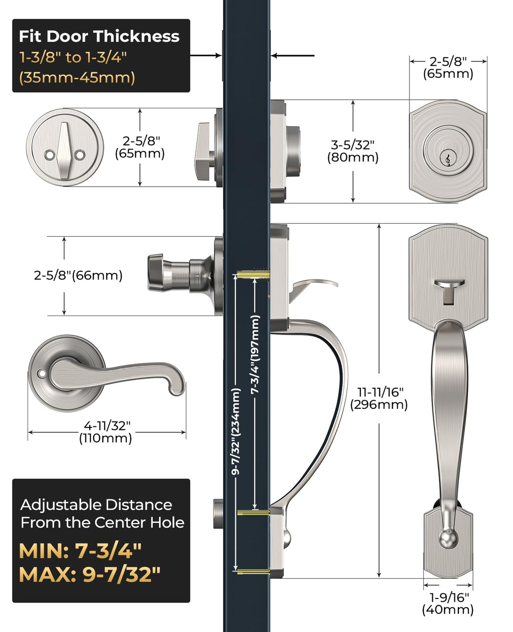 Satin Nickel Front Door Handle and Deadbolt Set with Classic Lever
