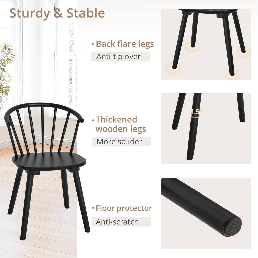 Black Dining Chairs Set of 4, Farmhouse Wood Dining Chairs with Semicircular Backrest, Spindle Dining Chair, 18 Inch
