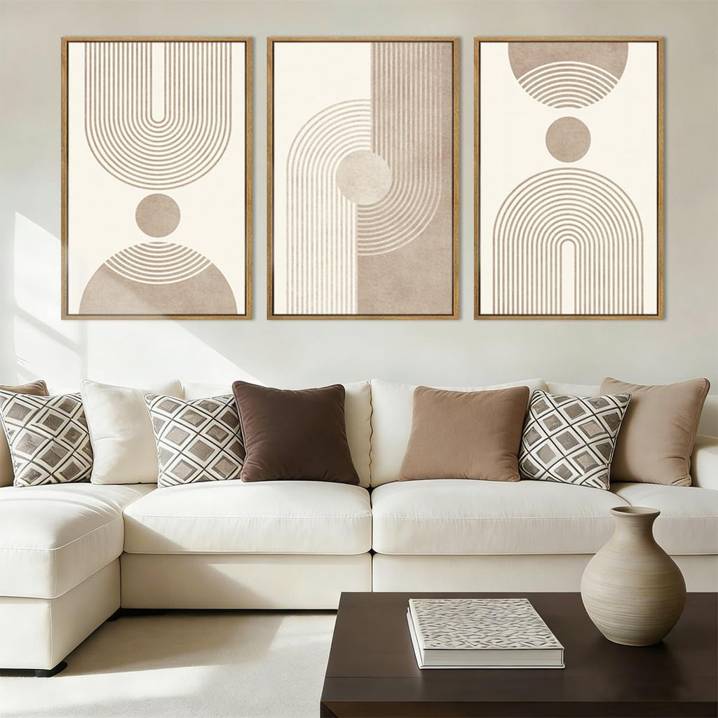 Beige Neutral Canvas Wall Art Boho Pictures Wall Decor Framed Geometric Abstract Artwork Modern Paintings Bedroom