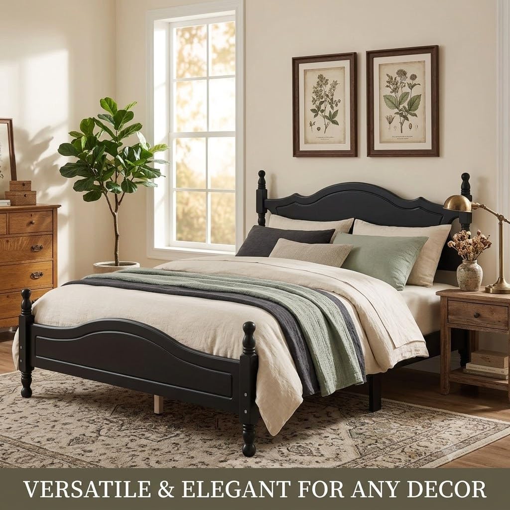 Vintage Wooden Platform Bed Frame with Spindle Headboard (Black)