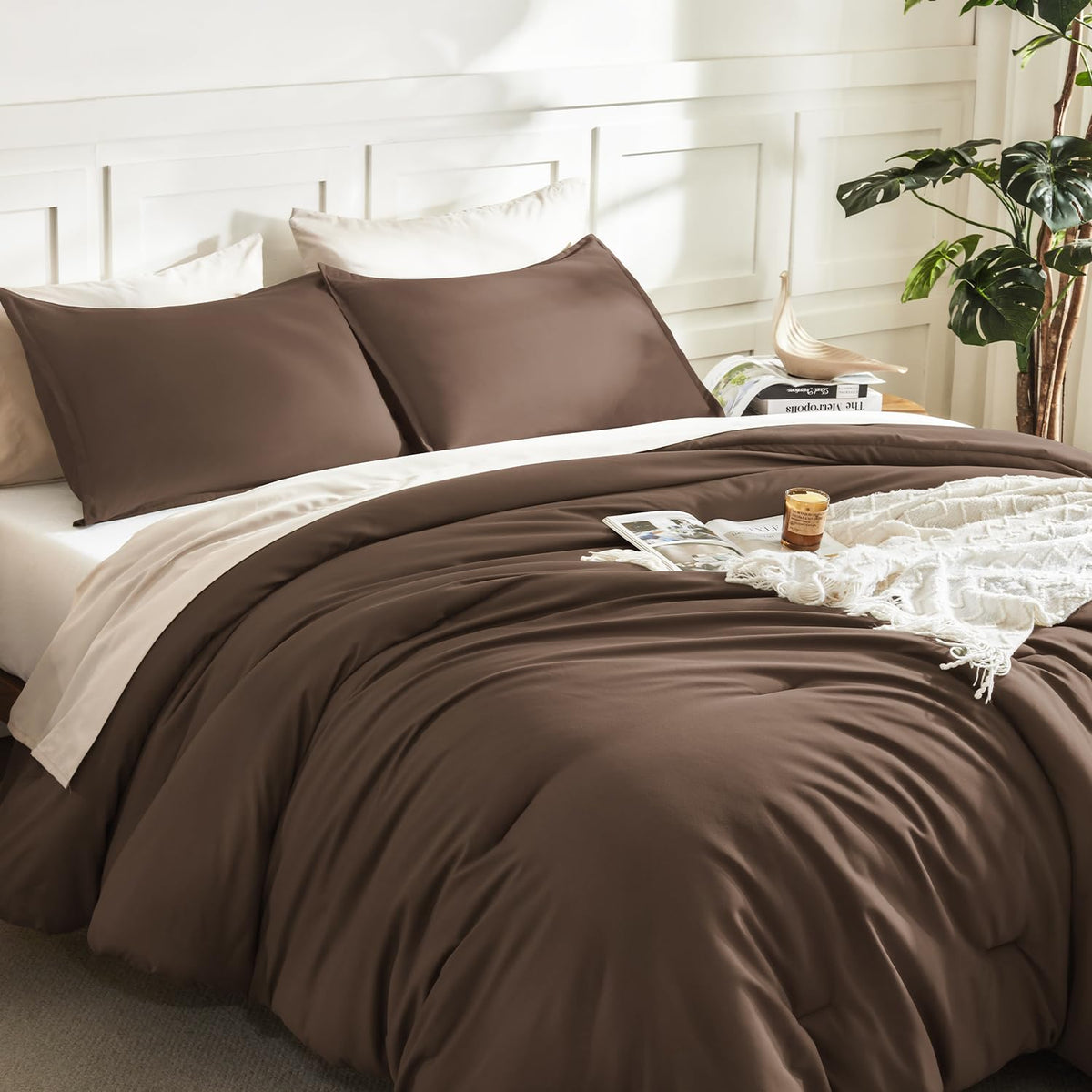Brown Comforter Set, 3 Pieces Solid Bedding