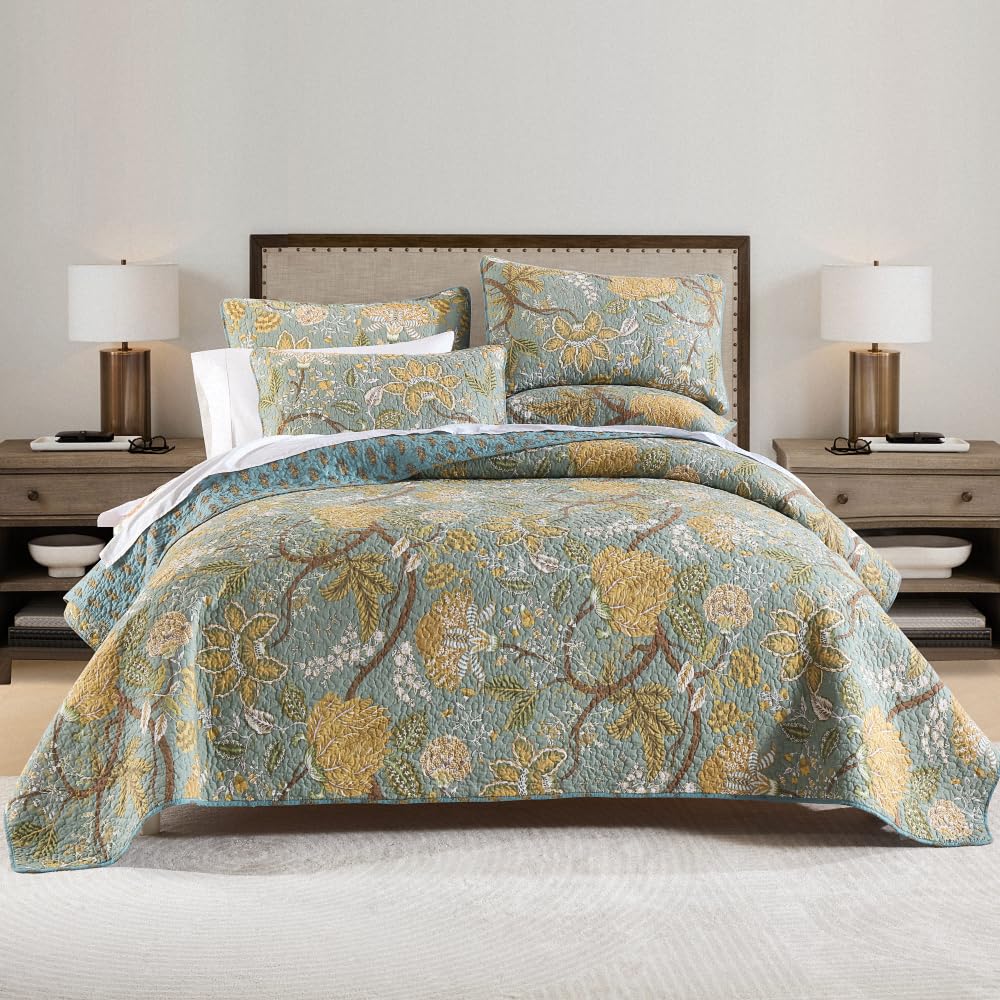 Cotton Bedspread Quilt, Soft Reversible Coverlet Lightweight Comforters, Vintage Floral Rustic Patchwork