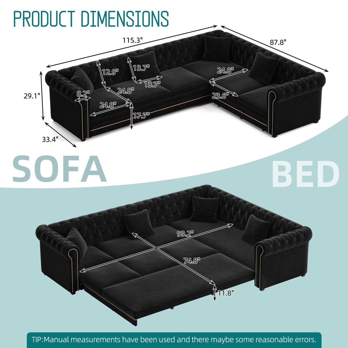 Sectional Sleeper Sofa, 115.3" L-Shaped Couch with Pull Out Couch, Black