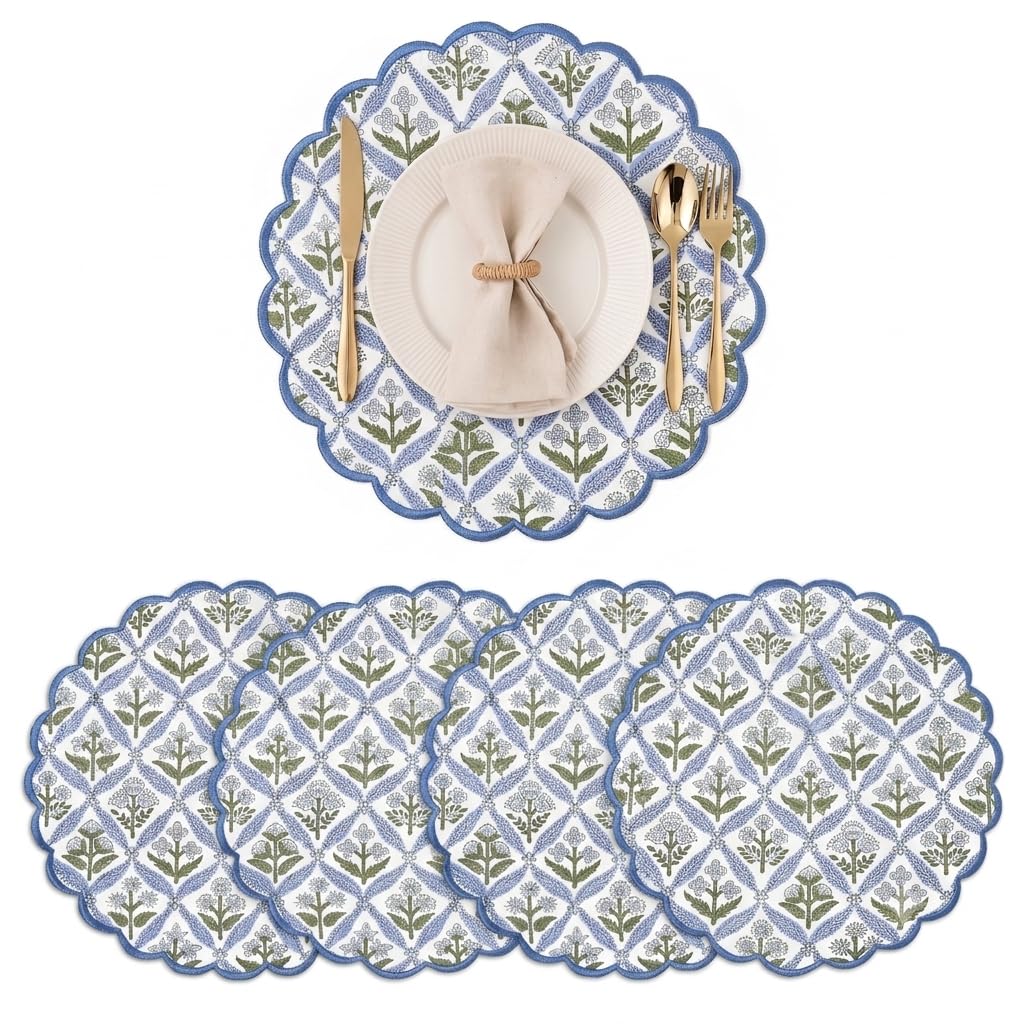 Floral Block Print Round Placemats 15 in, Set of 4, Light Steel Blue