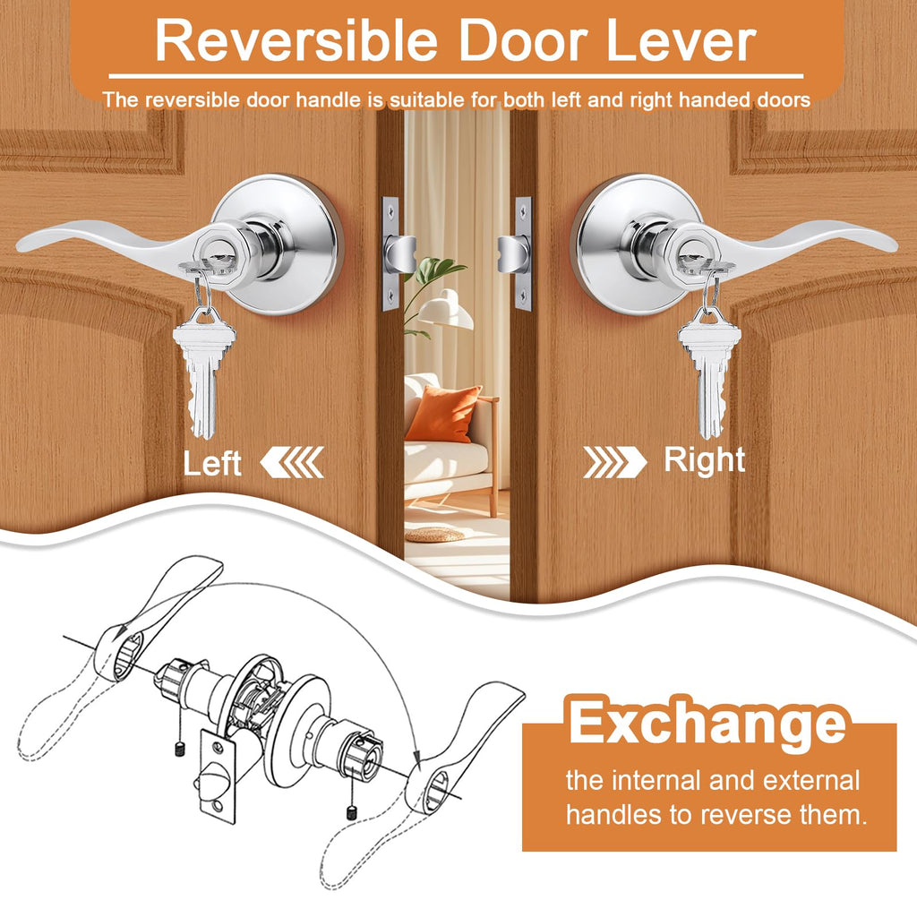 Polished Chrome Door Handles Front Exterior Door Handles with Lock and Keys, Keyed Alike Chrome Entry Door Lever Wave