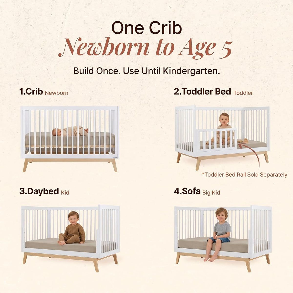 Baby Soho 3-in-1 Convertible Wood Crib, Made in Italy, White/Natural | Crib to Toddler Bed, GREENGUARD Gold