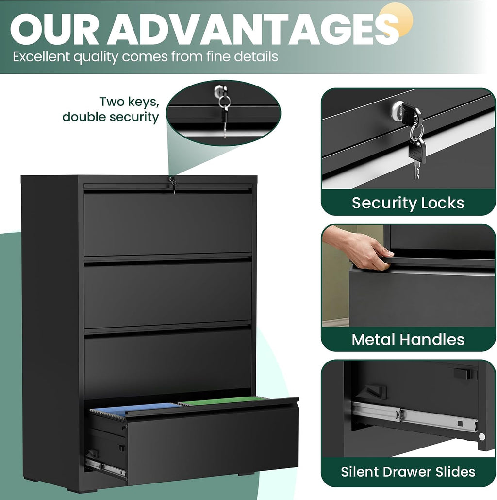 4 Drawer Lateral File Cabinet with Lock, File Cabinet ,Black | Heavy-Duty Steel Locking File Cabinet, Hanging