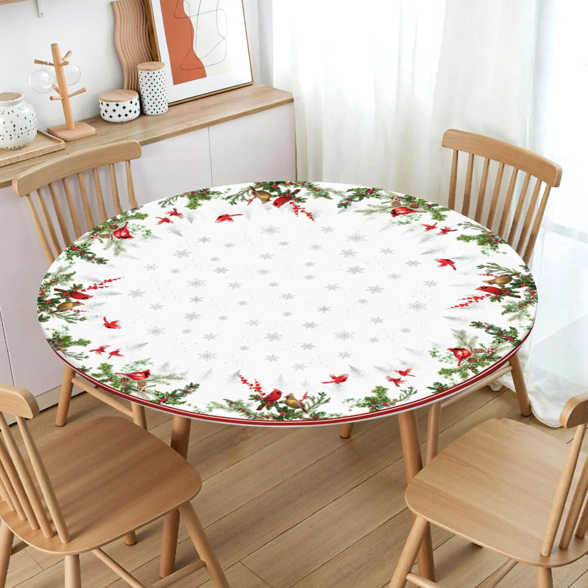 Winter Round Fitted Tablecloth with Elastic Edge, Water-Resistant Reusable Christmas Cardinal Bird Snowflake Red Table