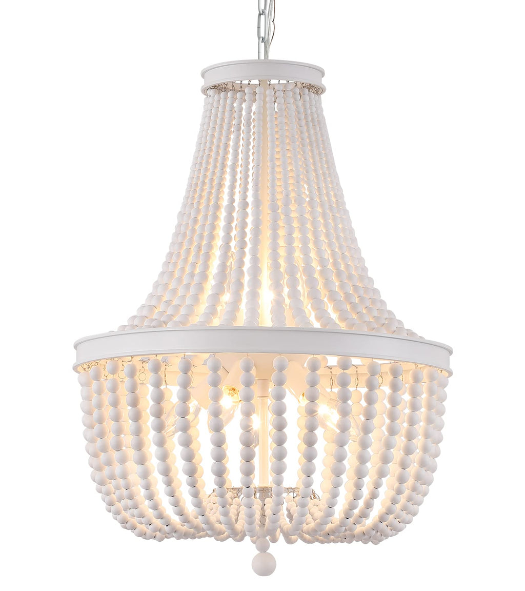 Beaded Chandelier Farmhouse White Wood Beaded Boho Light Fixture Vintage Antique 8 Lights Nursery Kitchen Foyer