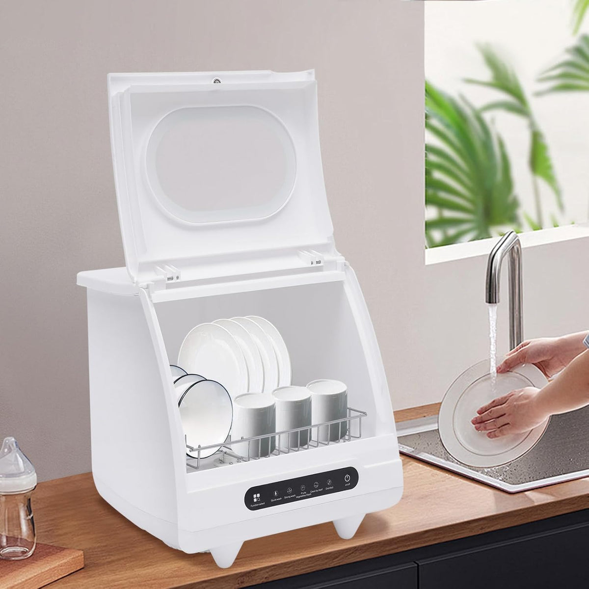 110V Portable Countertop Dishwasher - 360 Degree Auto Spray, 1200W, 5 Washing Programs, Air-Cooled Drying