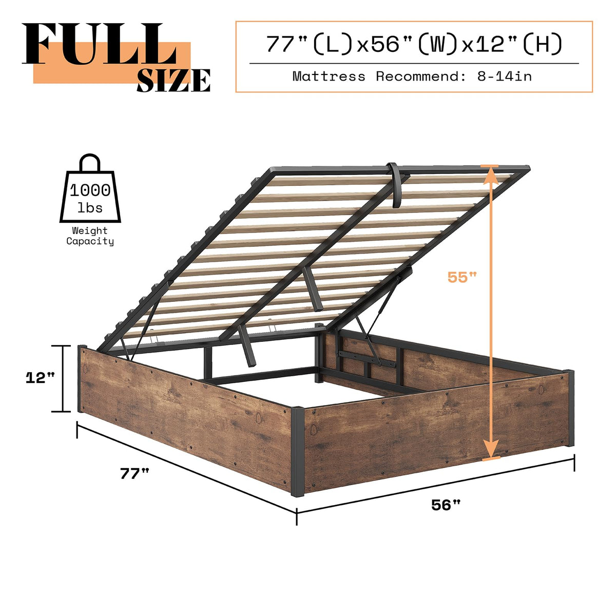 Lift Up Storage Bed Frame, Rustic Brown