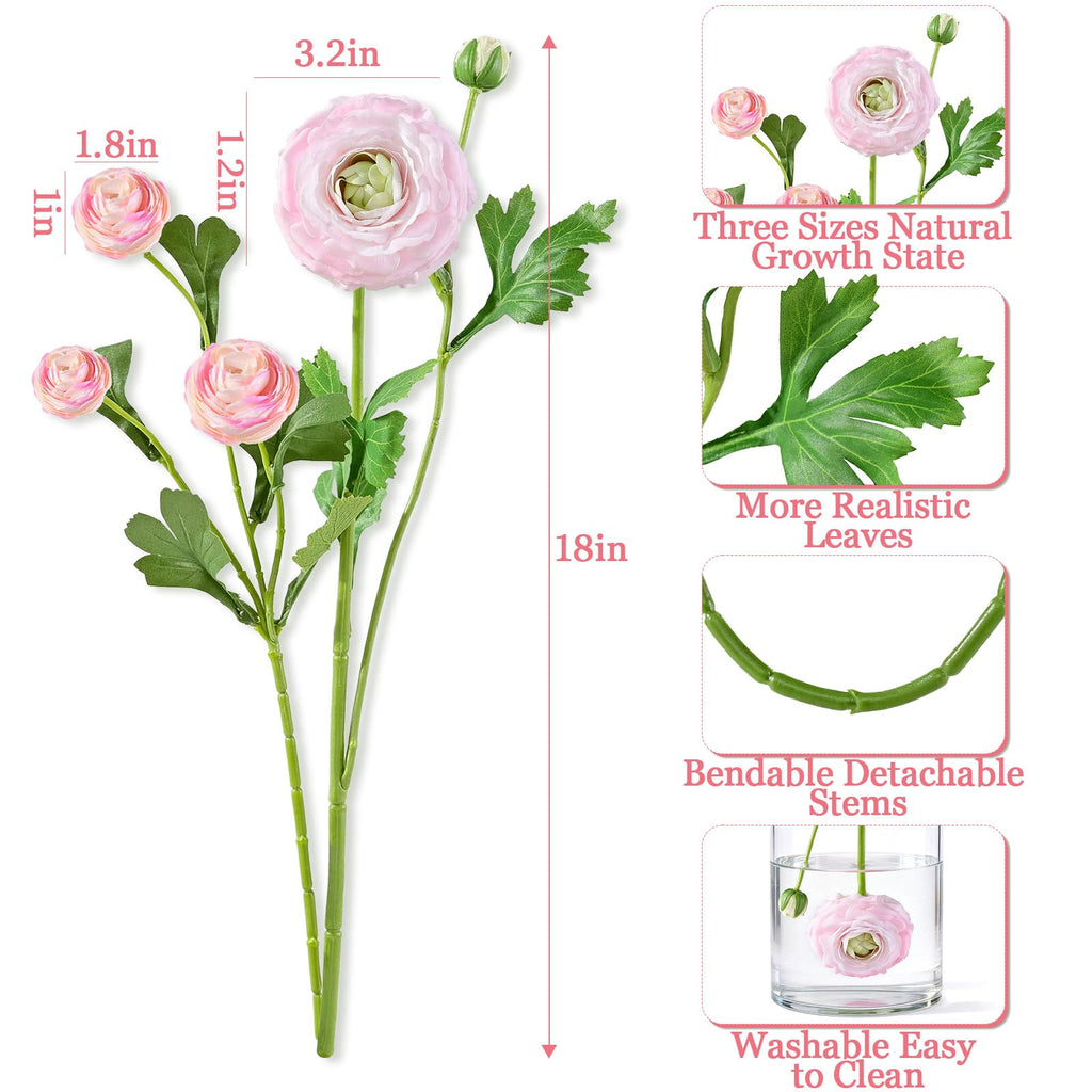 Real Touch Ranunculus Artificial Flowers, 18 Inch Fake Peonies Artificial Flowers, Pink Faux Flower for Vase Faux