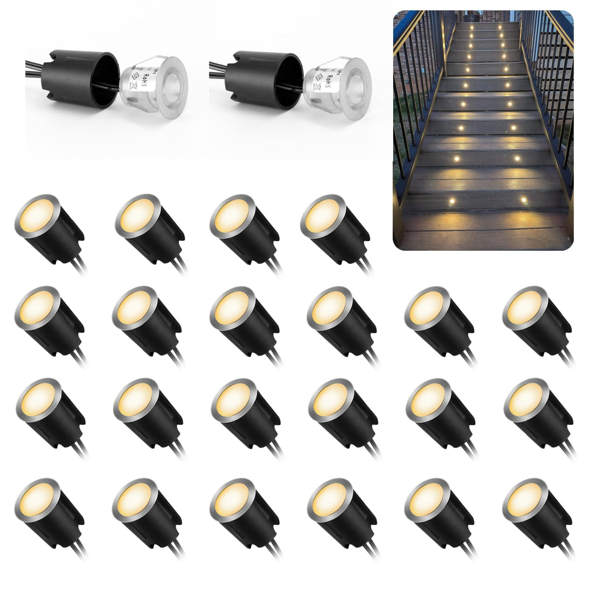 24 Pack LED Recessed Deck Lights with Protecting Shell, IP68 Waterproof Warm White, 0.6W, Outdoor Landscape