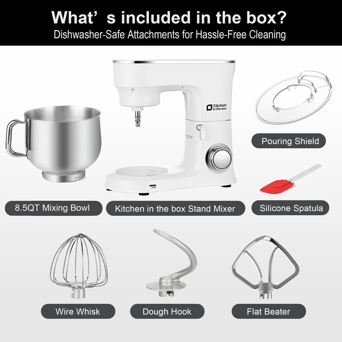 Stand Mixer 8.5 QT, 900W Heavy Dough Mixer White