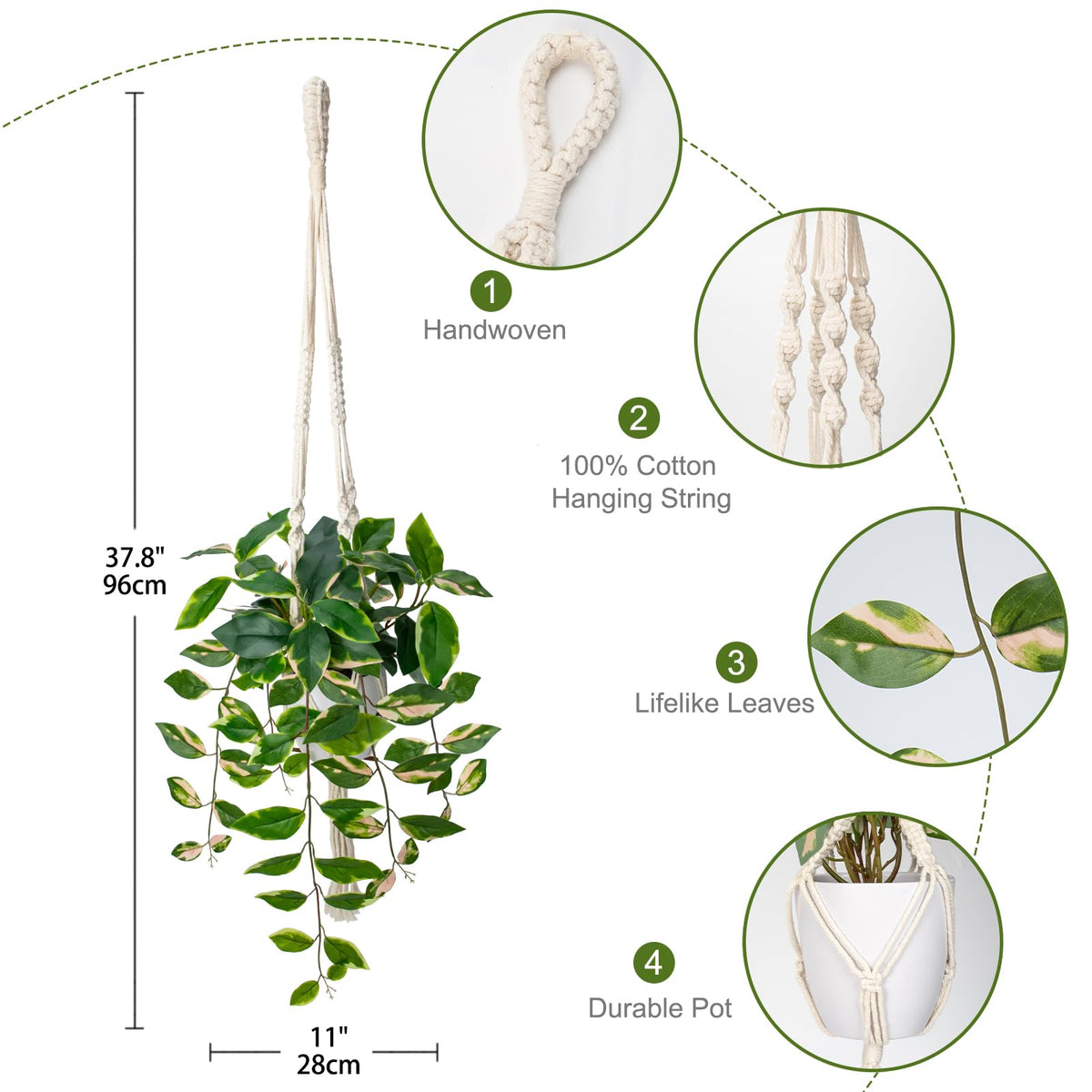 Artificial Hanging Plant Indoor, Macrame Plant Hanger with Fake Pothos Plant in White Pot, Faux Hanging Plant Ceiling