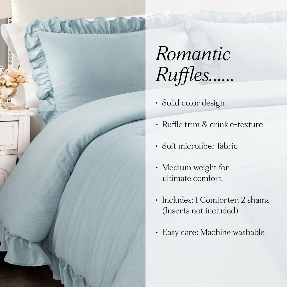 Reyna Ruffle Comforter Set, Lake Blue, 3 Piece Cozy Bedding Set