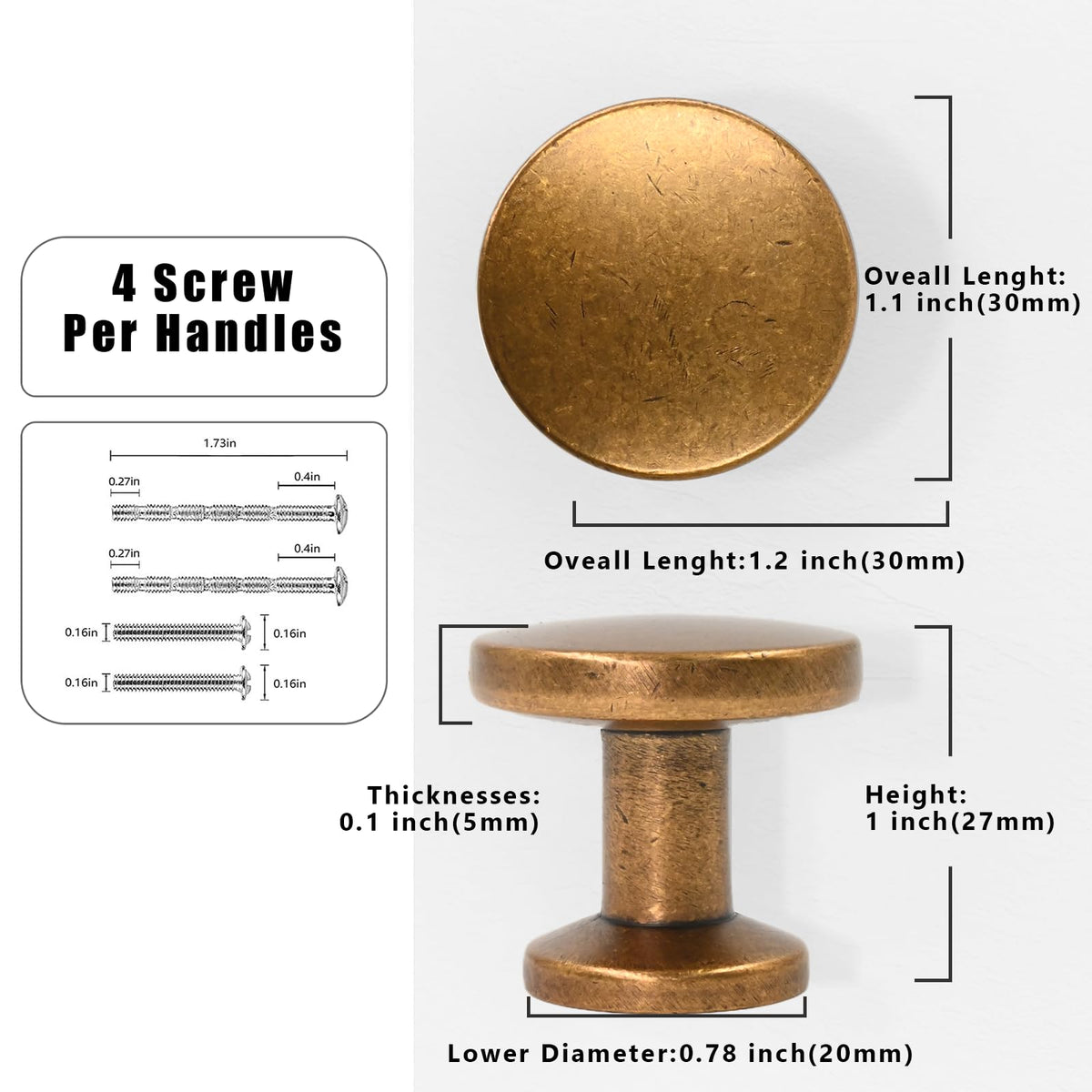 10 Pack Antique Brass Cabinet Knobs 1-1/5 Inch(30mm) Single Hole Cabinet Pulls Round Kitchen Cabinet Knobs Drawer