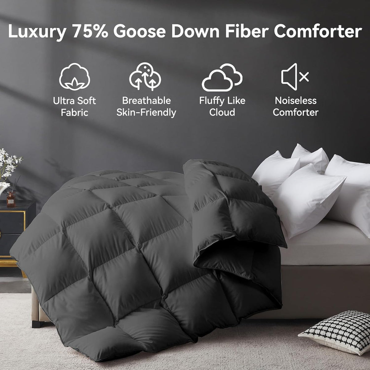 Organic 75% Goose Down Fiber Comforter,850+FP,1200TC,Extra Fluffy,Hotel-Luxury Ultra Soft All Season Grey Duvet