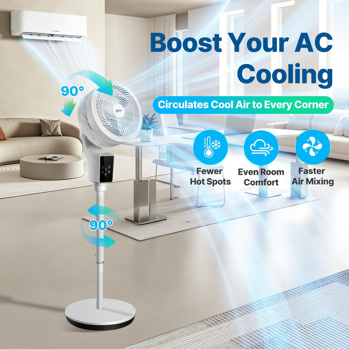 Oscillating Fan, 360° Air Circulator Pedestal Fan, 43.3" Adjustable Height