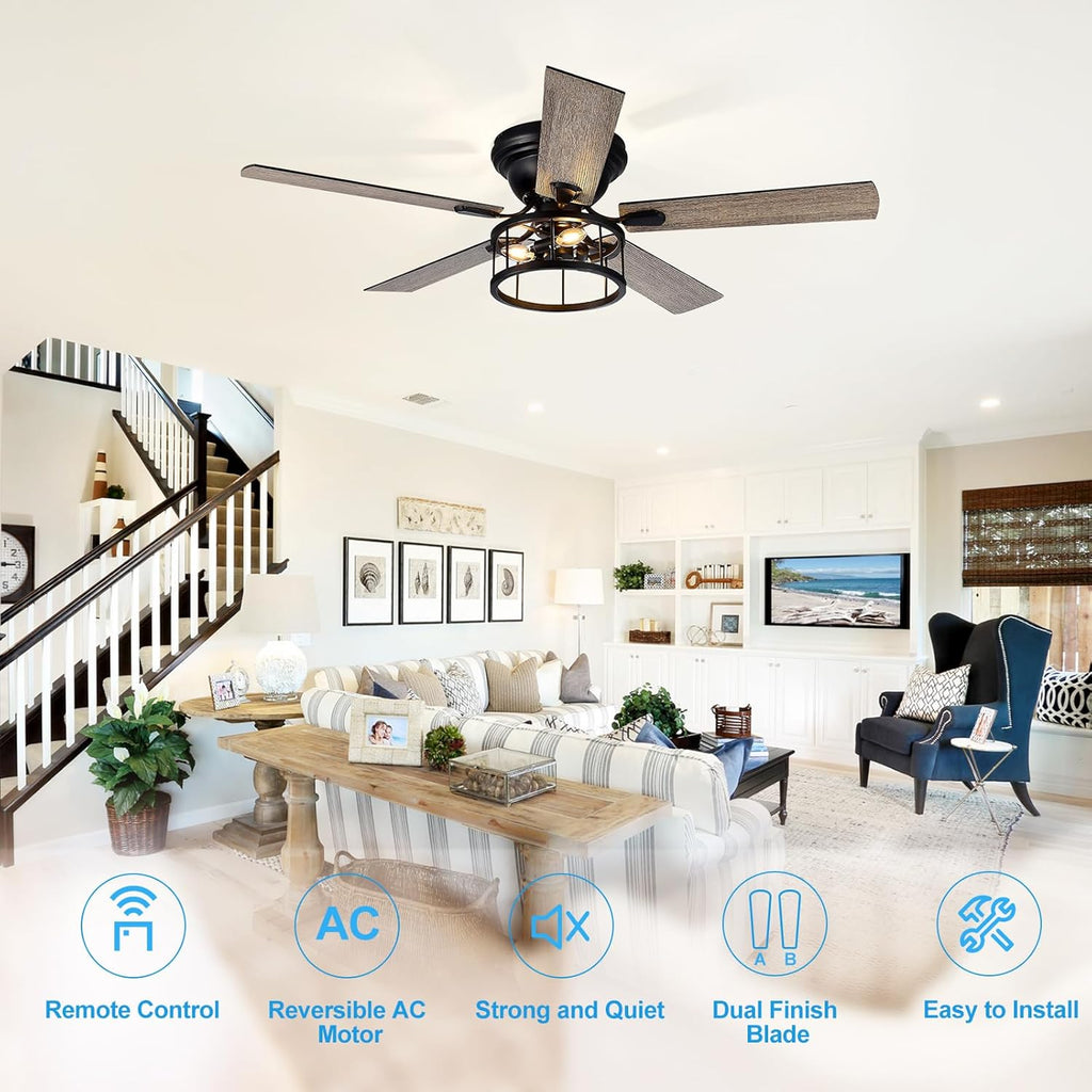 52" Flush Mount Ceiling Fan with Light & Remote