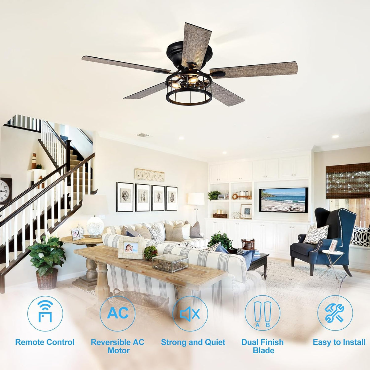 52" Flush Mount Ceiling Fan with Light & Remote