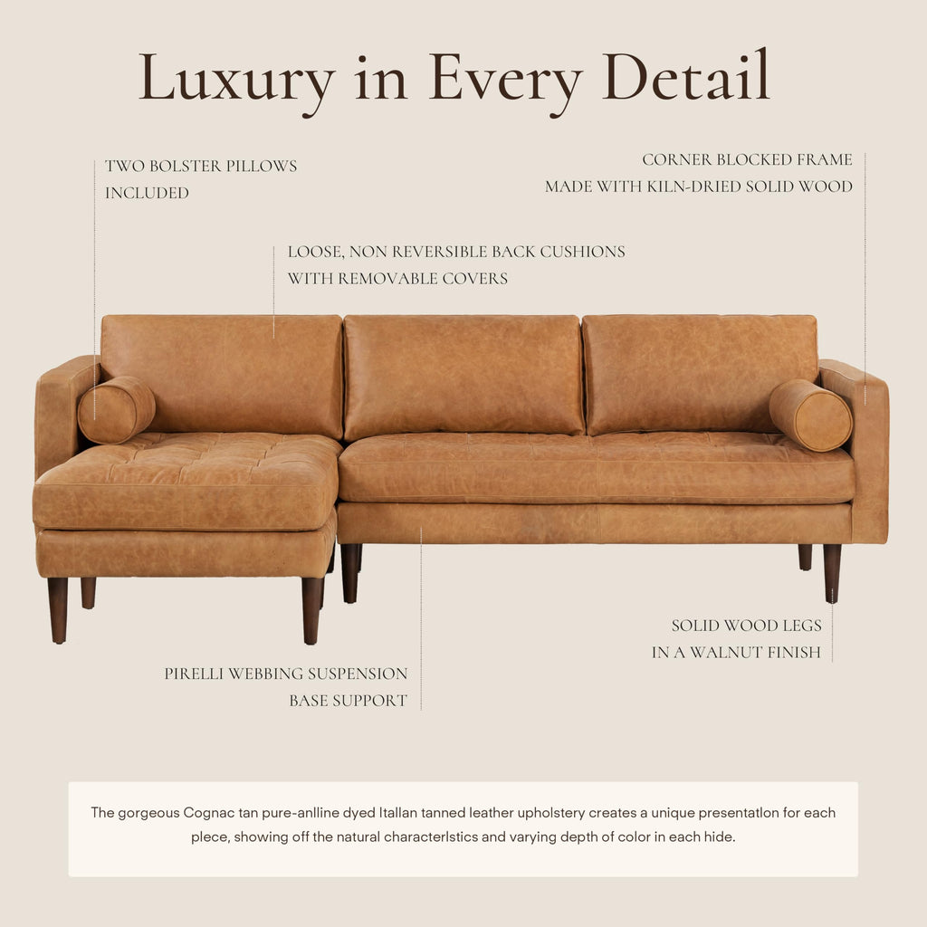 Napa 104.5" Left-Facing Sectional Sofa - Cognac Tan Full-Grain Pure-Aniline Italian Leather, Feather-Down Cushions