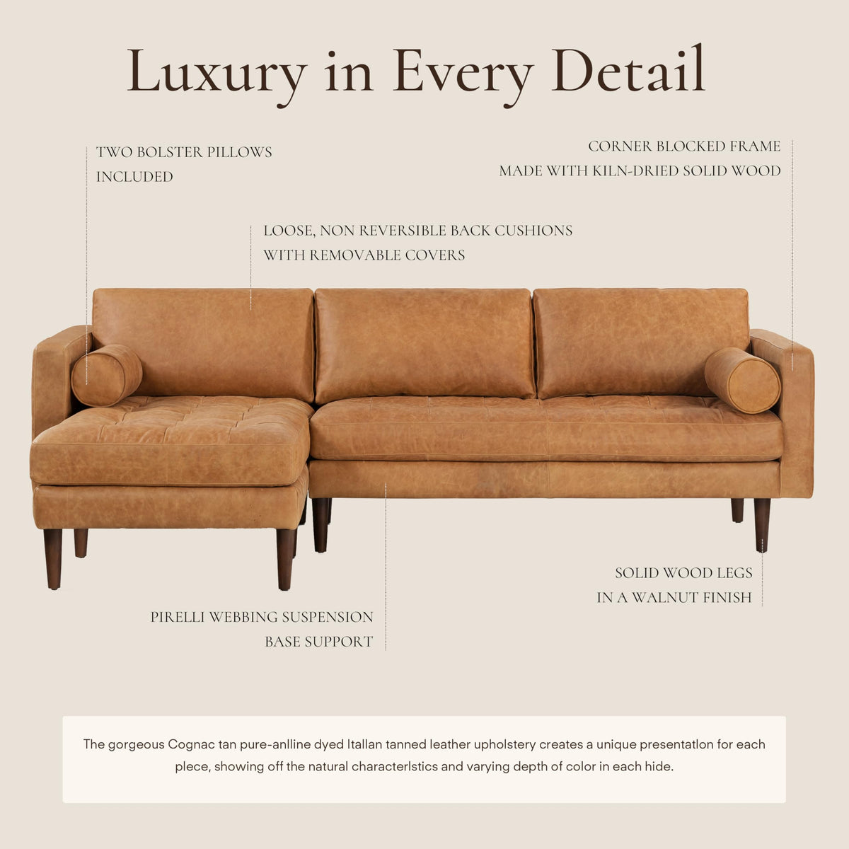 Napa 104.5" Left-Facing Sectional Sofa - Cognac Tan Full-Grain Pure-Aniline Italian Leather, Feather-Down Cushions