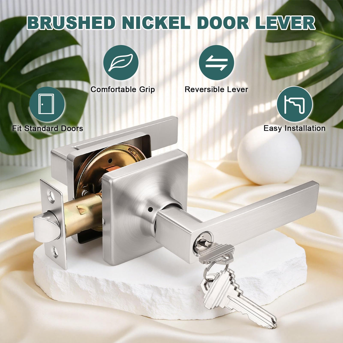 Keyed Alike Entry Door Handles with Lock and Keys, Brushed Nickel Entry Door Lock Sets for Exterior & Interior Doors