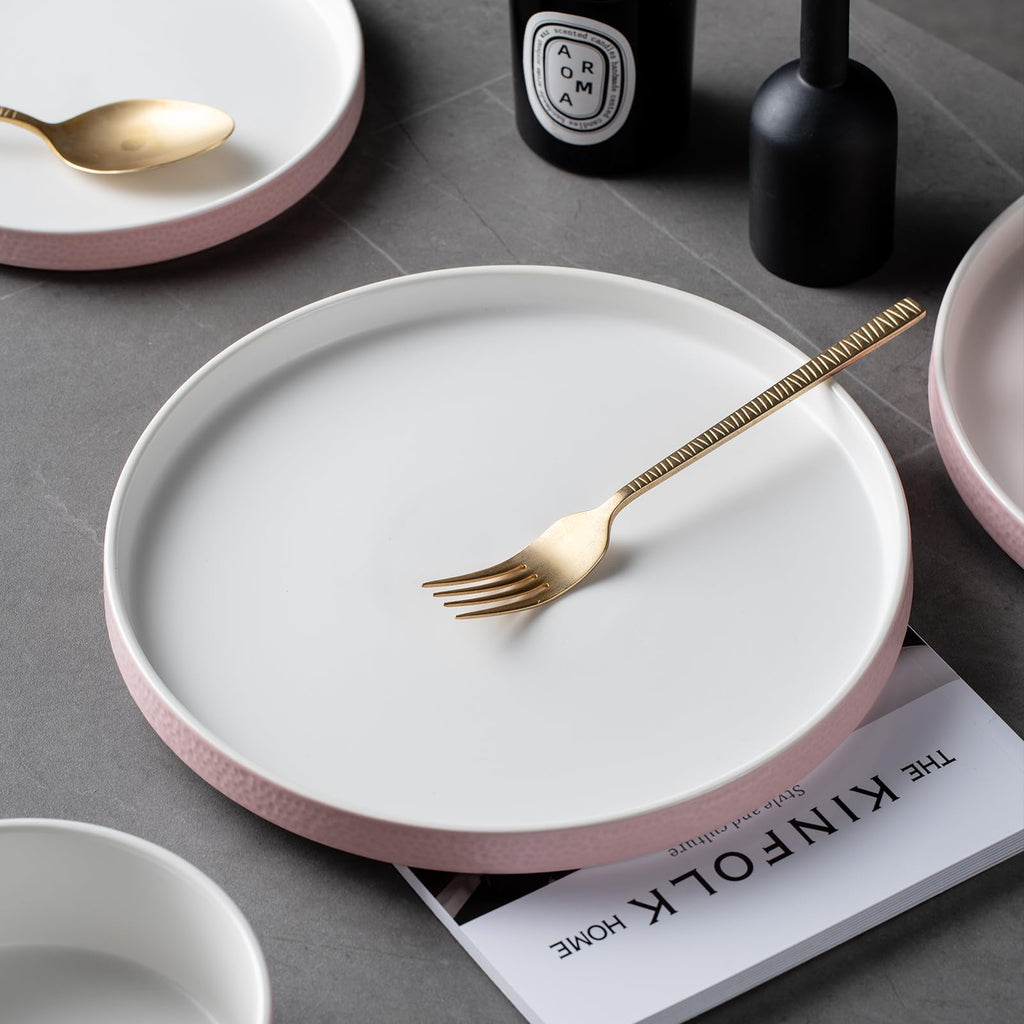 Pink Ceramic Dinnerware Set for 4, 12 Piece Porcelain Plates and Bowls Set for 4, Modern Stoneware Chip and Scratch