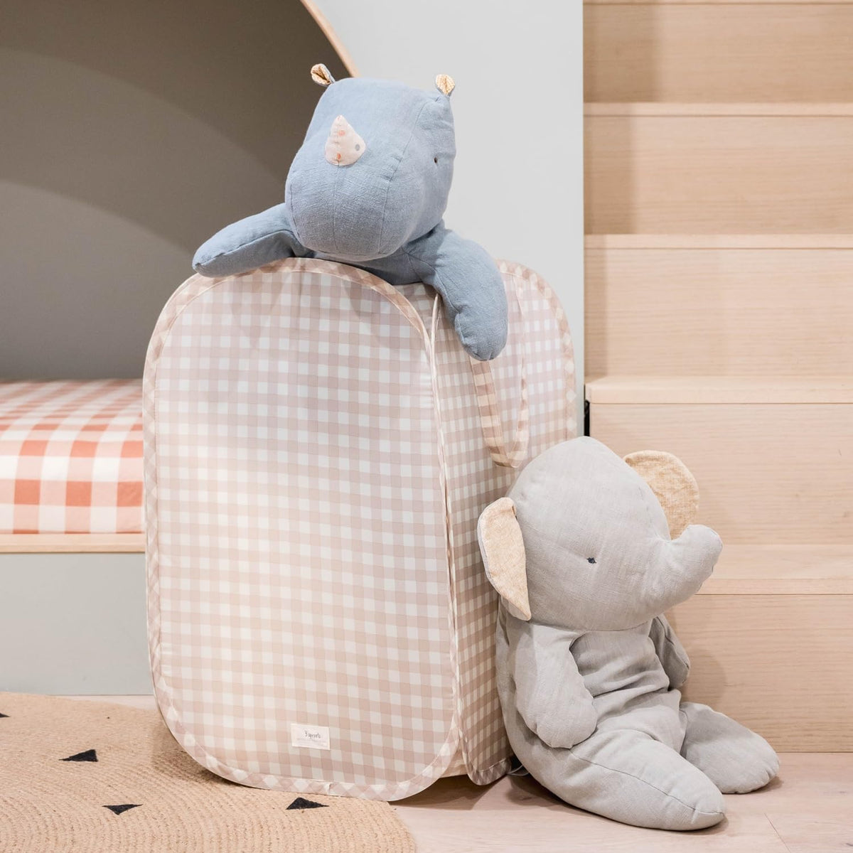 Pop Up Hamper, Collapsible Laundry Basket, Gingham Beige