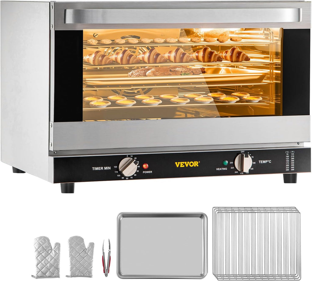 Commercial Convection Oven, 47L/43Qt, Half-Size Conventional Oven Countertop, 1600W 4-Tier Toaster w/Front Glass Door