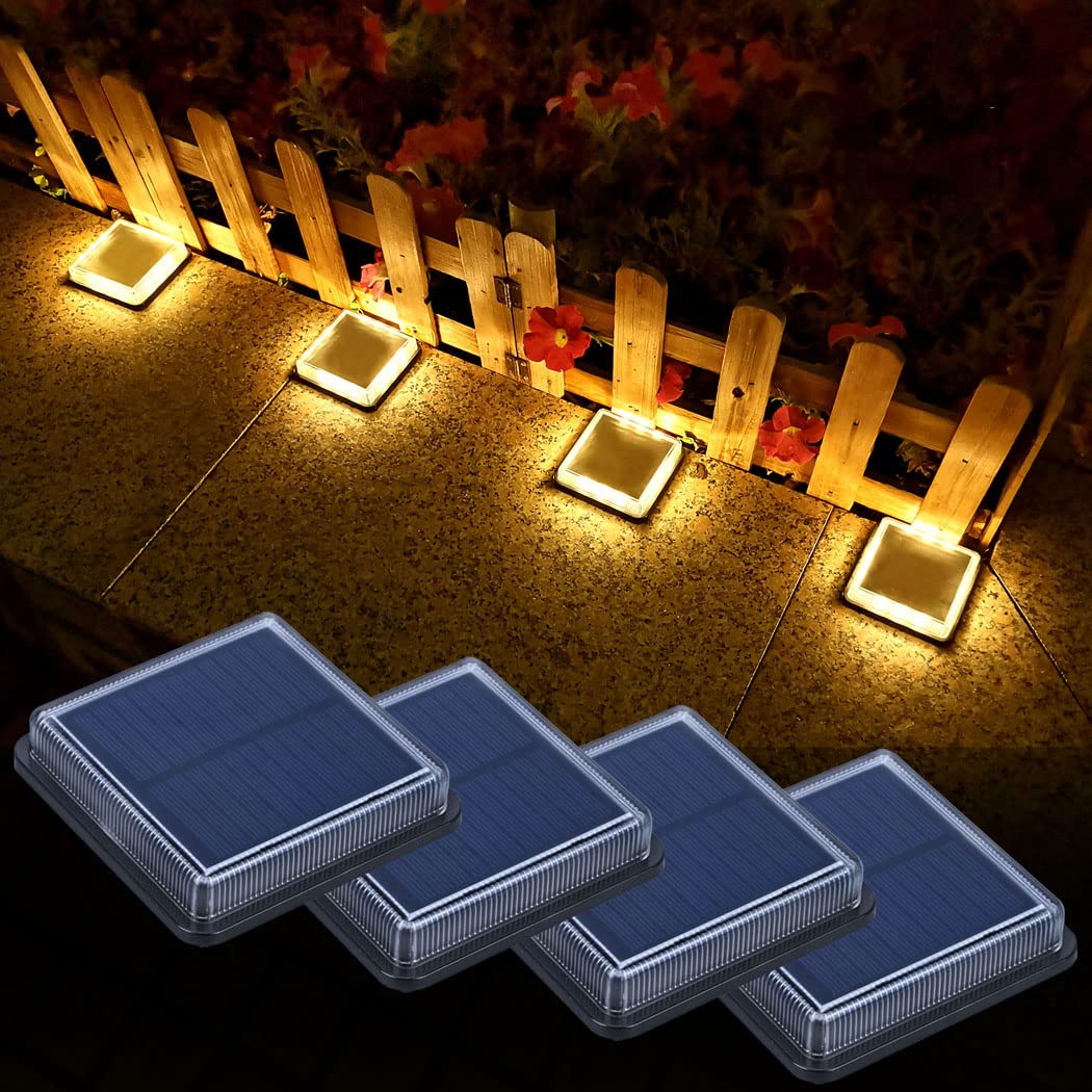 Solar Deck Lights, 4 Pack Warm White Outdoor In-Ground Driveway Walkway Dock, IP68 Waterproof Solar Powered Stair