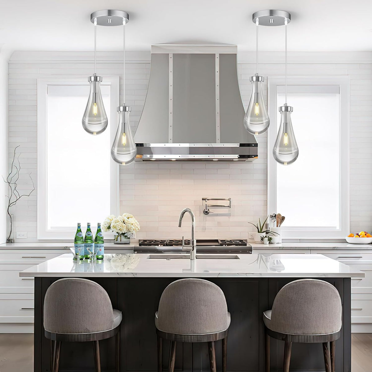 Raindrop Pendant Lights Kitchen Island Teardrop Chrome Hanging Light Fixtures Clear Solid Glass Pendant Light Modern Chandeliers for Dining Room Porch Corridor Living Room (2-Light)