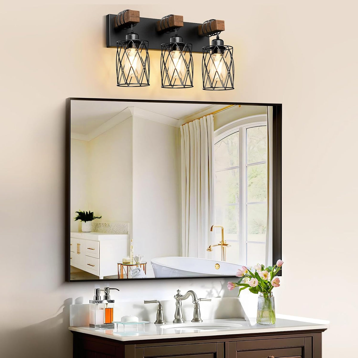 Farmhouse Bathroom Vanity Light, 3-Light Wood Bathroom Light Fixtures Over Mirror, Black Industrial Vanity Lights