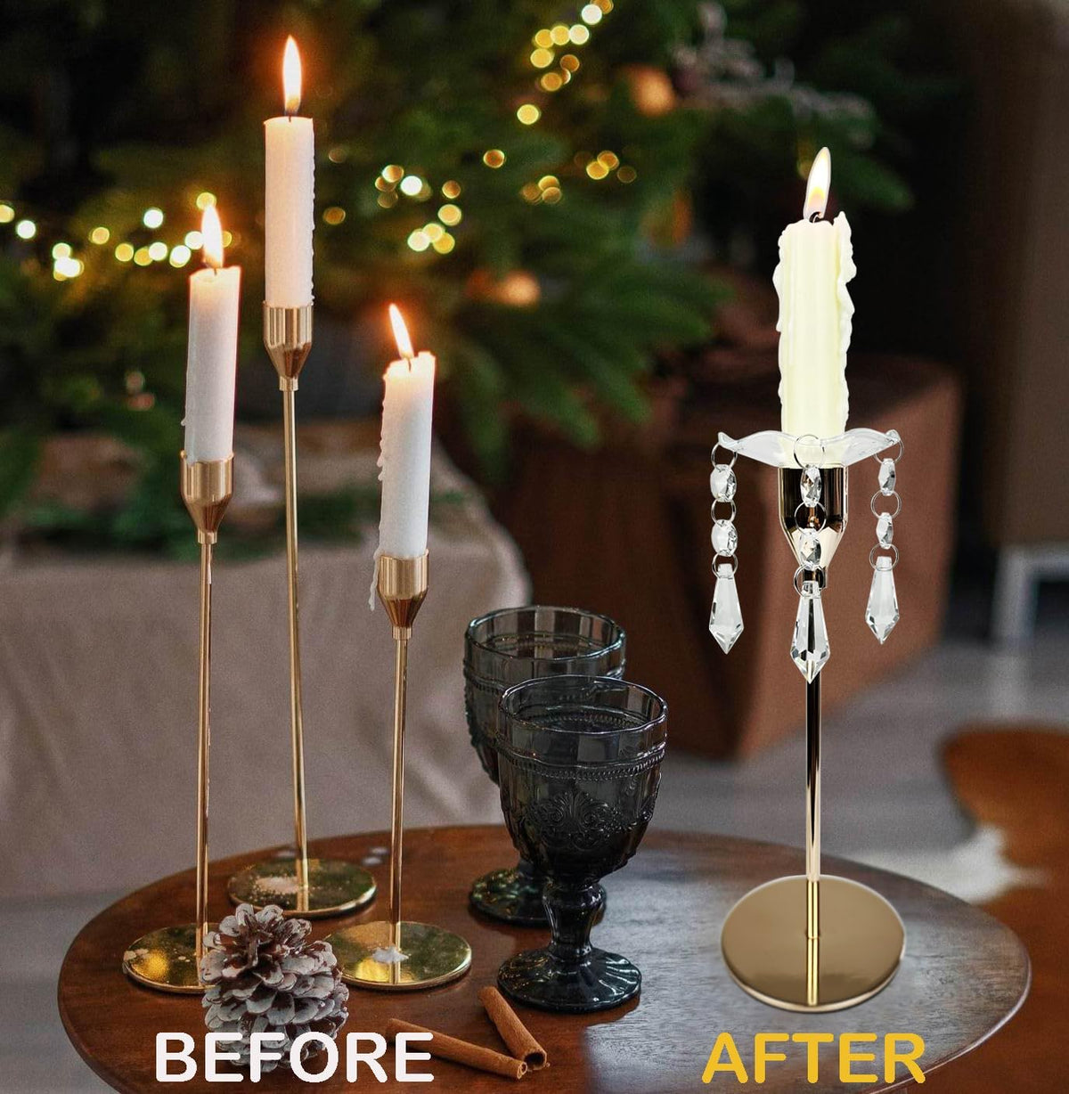 4 Pieces Bent Glass Candle Bobeches with Crystal Prisms Pendant, Taper Candle Wax Catcher Rings